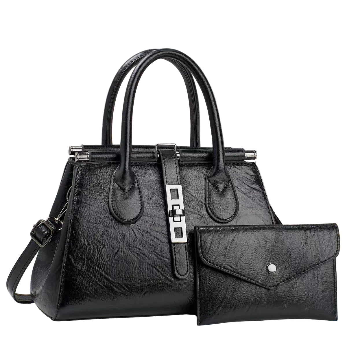 Black handbag with matching wallet on a light gray background