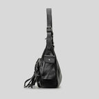 Atelier Sacrum One-Shoulder Vegan Leather Motorcycle Bag for Women with Tassel Accent, Large Capacity