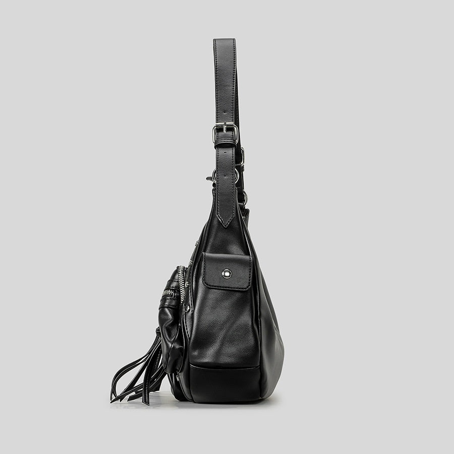 Atelier Sacrum One-Shoulder Vegan Leather Motorcycle Bag for Women with Tassel Accent, Large Capacity