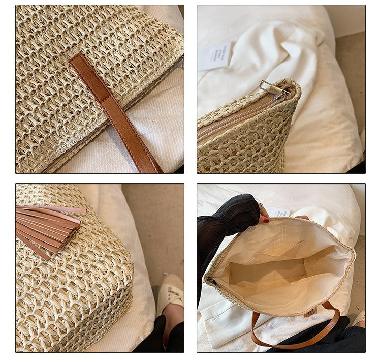 Atelier Sacrum Large-Capacity Woven Straw Shoulder Bag with Polyester Lining in Khaki and Beige