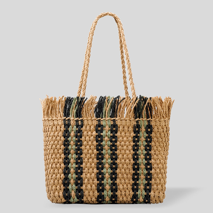 Atelier Sacrum Handwoven Large Capacity Beach Tote Bag in Straw with Vegan PU Leather Accents