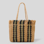 Atelier Sacrum Handwoven Large Capacity Beach Tote Bag in Straw with Vegan PU Leather Accents