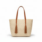 Atelier Sacrum Large-Capacity Woven Straw Shoulder Bag with Polyester Lining in Khaki and Beige