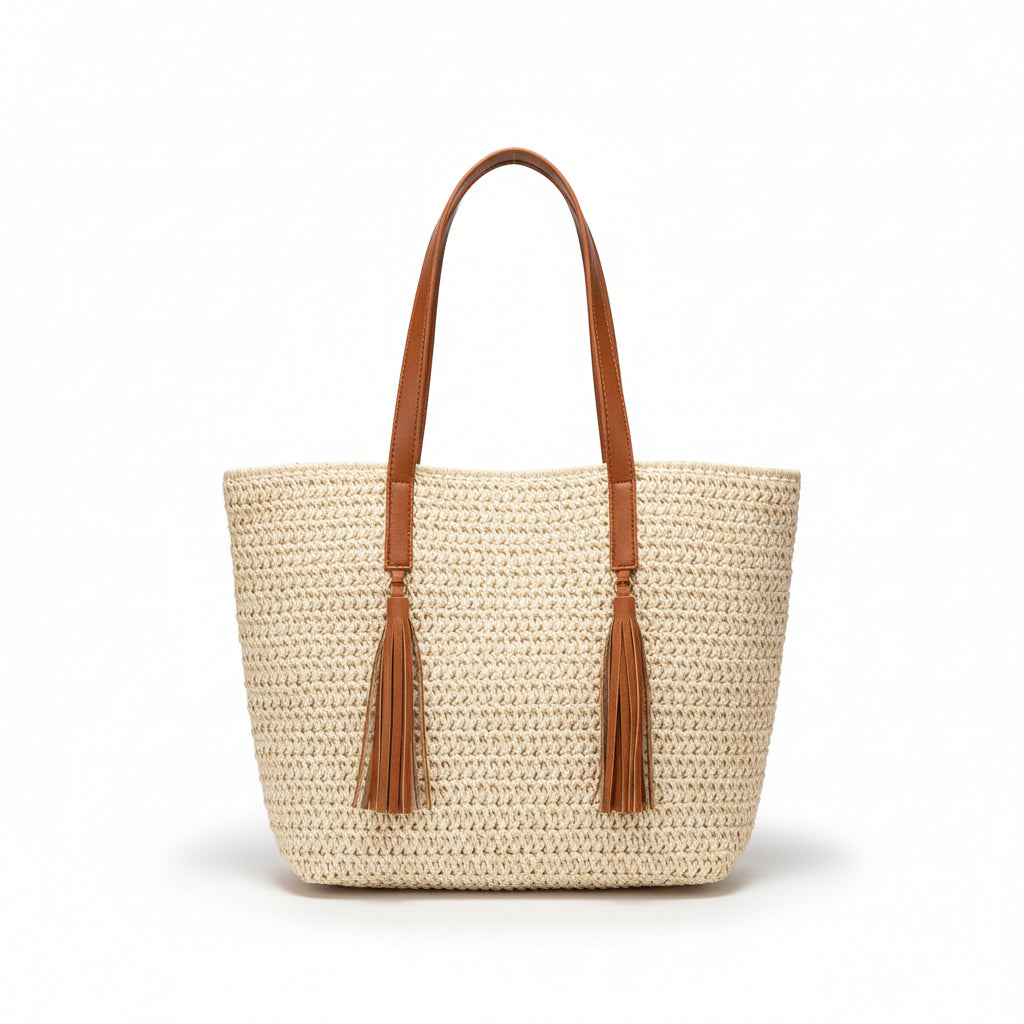 Atelier Sacrum Large-Capacity Woven Straw Shoulder Bag with Polyester Lining in Khaki and Beige
