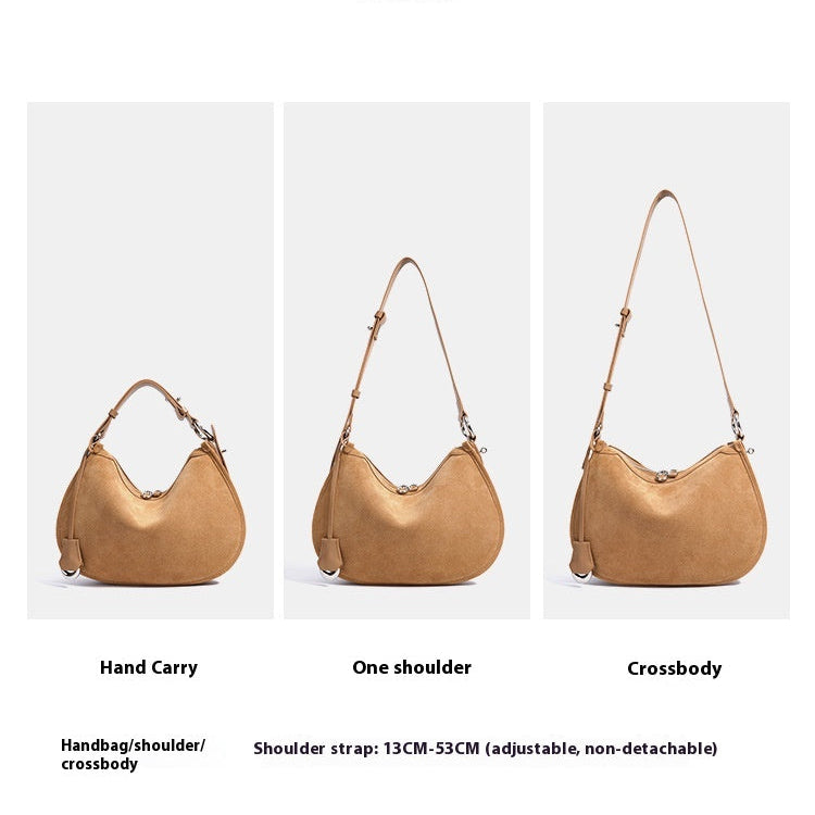 Three different carrying styles of a tan handbag on a white background.