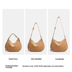 Three different carrying styles of a tan handbag on a white background.